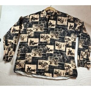 Bit and Bridle Shirt Button Down Mens XL Brown Horses Cowboy Rodeo Western USA